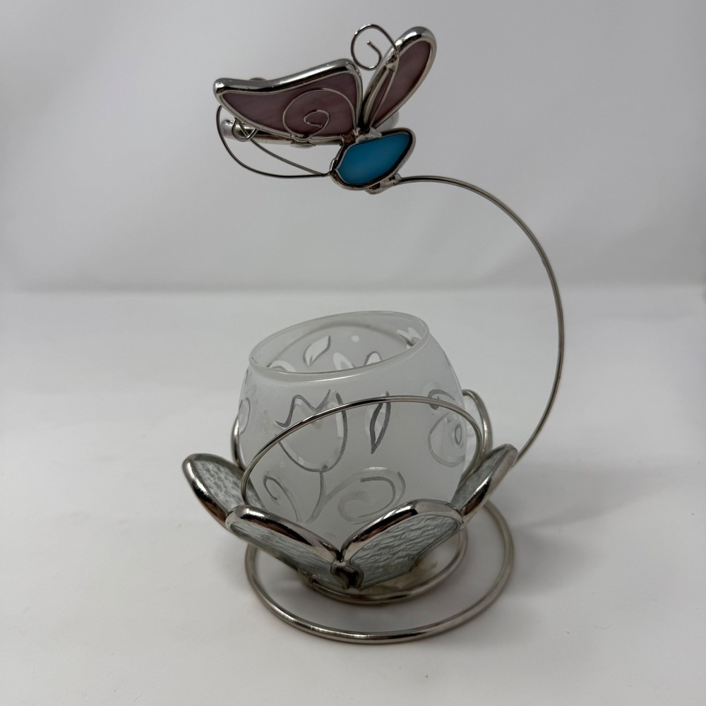 Stained Glass Butterfly Votive Candle Holder Frosted Floral Glass Purple Blue 7"